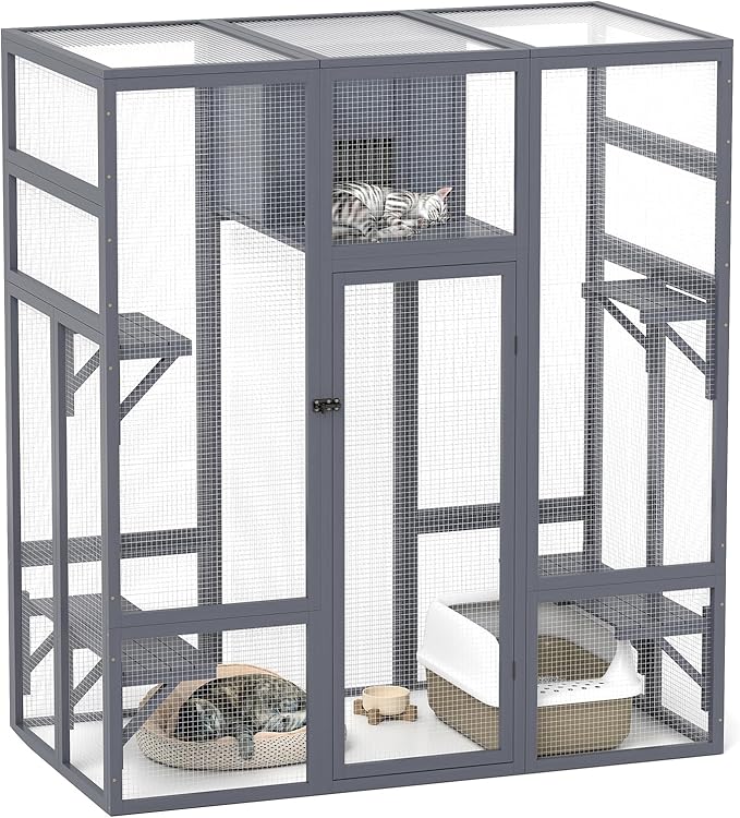 COZIWOW Upgraded Extra Large Outdoor Catio Enclosure with 4-Way Pet Door, Insulated Cat House, Weatherproof PVC Cover, Window Attachable, Gray