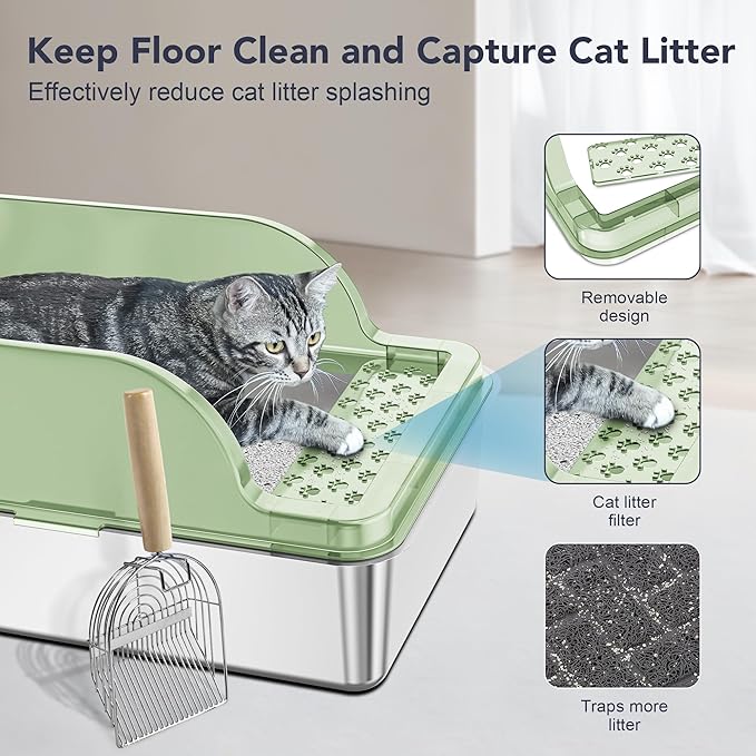 UPSKY Stainless Steel Cat Litter Box with Lid, XL Large Metal Litter Box for Large Breeds, Enclosed Kitty Litter Pan with High Sides, Leak-Proof & Non-Stick, Easy to Clean, Scoop and Mat Included