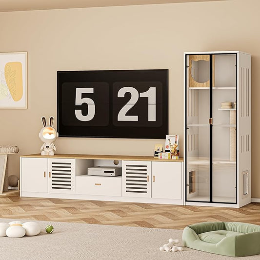 2-in-1 Cat Cabinet with Scratching Posts Litter Box Enclosure with 78.7" TV Stand Modern Cat House Scratch-Resistant for Living Room Home Office