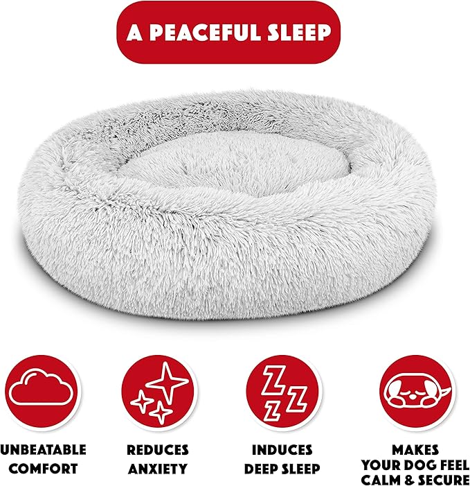 The Dog’s Bed Sound Sleep Donut Dog Bed, Medium Ice White Fur Calming Nest Bed, Veterinary Approved