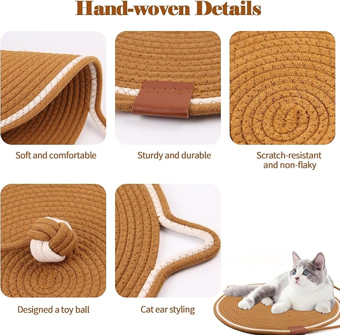 2-Pack Cat Scratching Mats, Natural Cotton Rope Scratch Pad with Ear Shape Hanging Hook and Play Ball, Furniture Protector for Wall, Floor, Sofa, Couch, Carpet, Brown