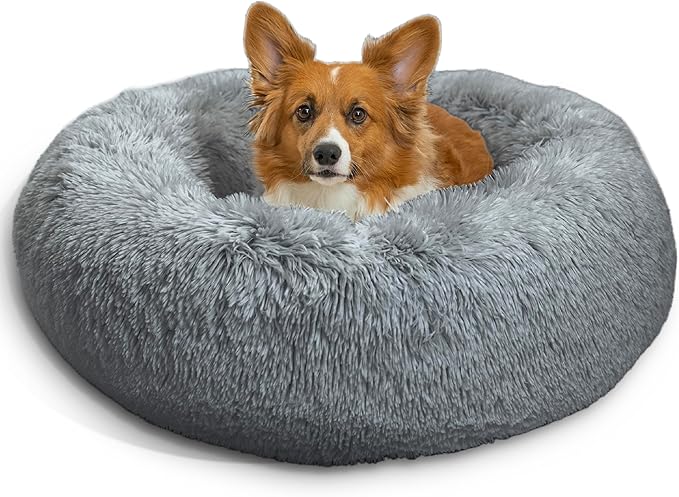 Best Friends by Sheri Original Calming Donut Dog and Cat Bed, Shag Faux Fur, Gray, (30in x 30in) - Anxiety Relief for Pets Up to 45 lbs