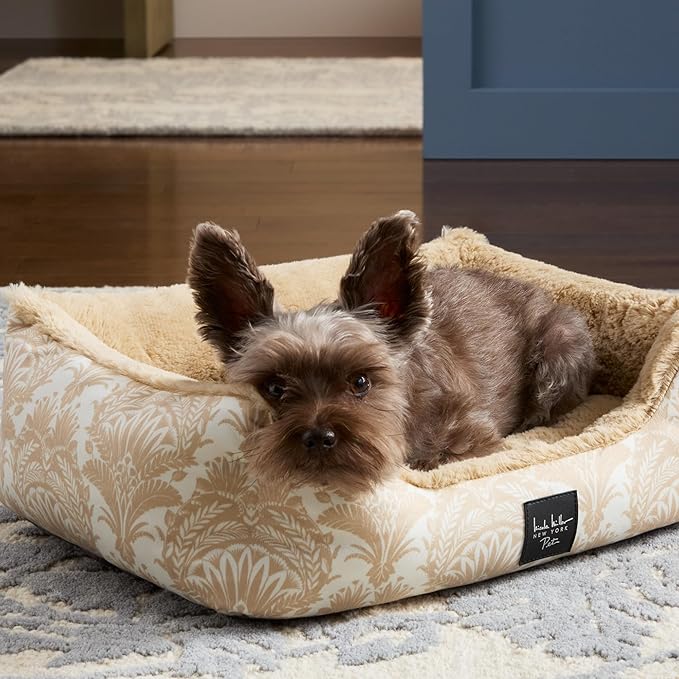 Nicole Miller New York PET Mod Damask Plushy Bolster Pet Bed, Cozy & Calming, Non-Slip Bottom, Machine Washable Cover, Taupe, Extra Small 19"x15"x6"
