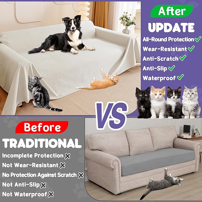 Cat Scratch Furniture Protector - Anti-Slip, Waterproof Sofa Cover to Keep Cats Off, Pet-Friendly Couch Protectors for 3 Cushion Couch, Beige Anti-Scratch Couch Cover for Pets and Kids 134"X71"