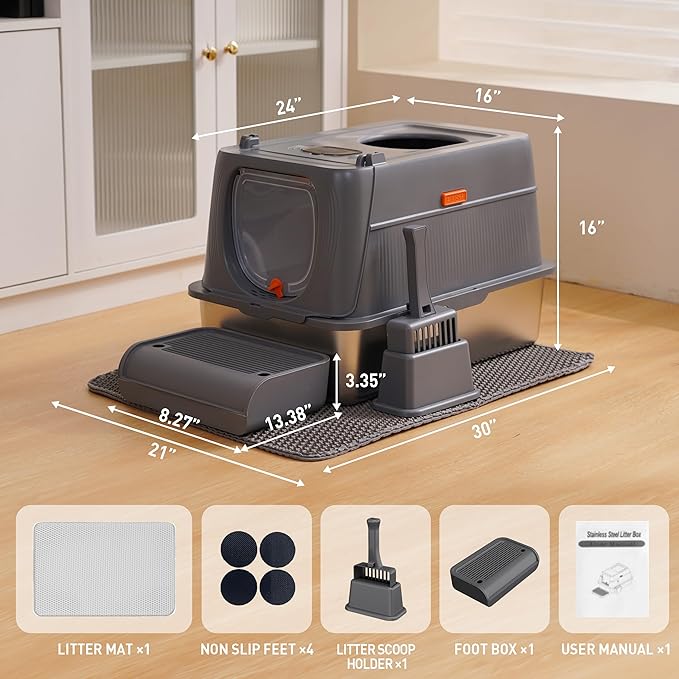 Citylife Stainless Steel Cat Litter Box with Lid, Front & Top Entry Extra Large Metal Kitty Litter Box Enclosure with Scoop & Double Layer Mat, Anti-Leakage, Non-Sticky, Dark Grey