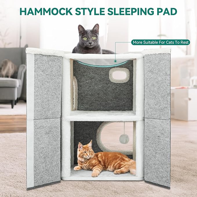 YITAHOME 2 Storey Cat House, Cat Beds for Indoor Cats, Small Cat Condo with Scratch Post and Hideaway Cave, Modern Cat Cube Playhouse for Multi Kittens, Classic Style, Grey