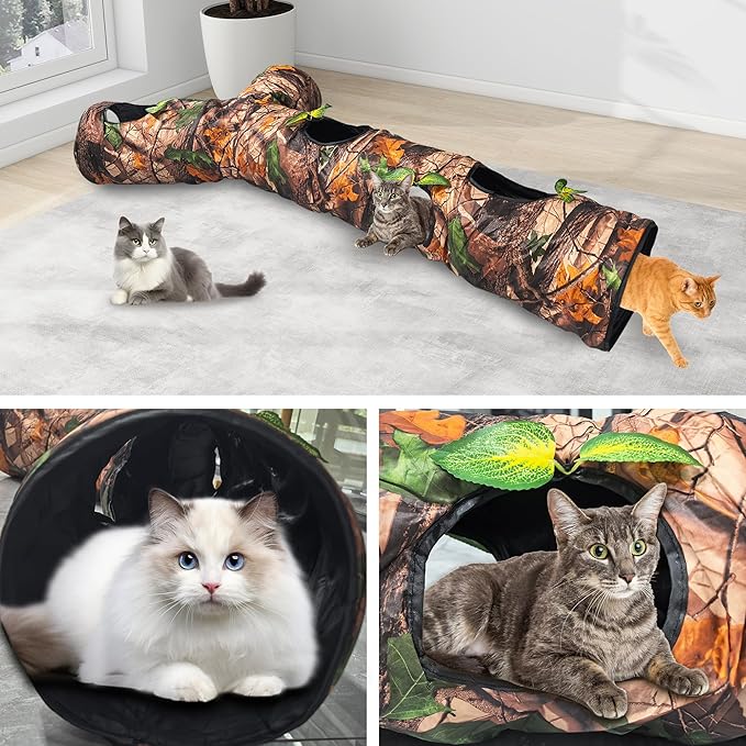 Cat Tunnel,59" Large Y-Shape Cat Cave with 3 Rustle Channels & Leaves, Portable Cat Bed Toy for Indoor Kittens & Small Pets to Chase and Play, Easy Storage (Brown)