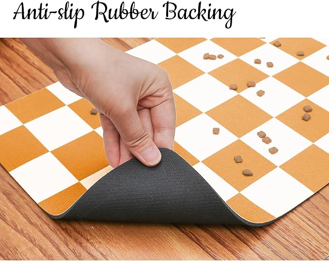Ralxion Checkered Dog Feeding Mat, Absorbent Mats for Dog Food and Water Bowl, Dispenser, Aesthetic Orange Checkerboard Pet Placemat for Dogs, Cats, Puppy Accessories (Orange, 12 x 19)