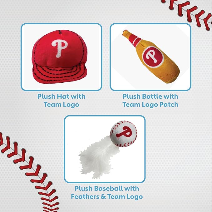 Best Plush CAT Toy - MLB Philadelphia Phillies Complete Set of 3 Piece Cat Toys Filled with Catnip. Incld: 1 Baseball Cap Cat Toy, 1 Baseball Cat Toy with Feathers & 1 Beer Bottle. Team Logos