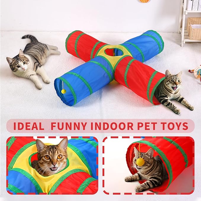 Coolcandy Cat Tunnel & Interactive Cat Toy Indoor, 4 Way Tunnel Toys for Indoor Cats, Collapsible Interactive Peekaboo Cave with Play Ball, for Multi-Way Play & Small Animals