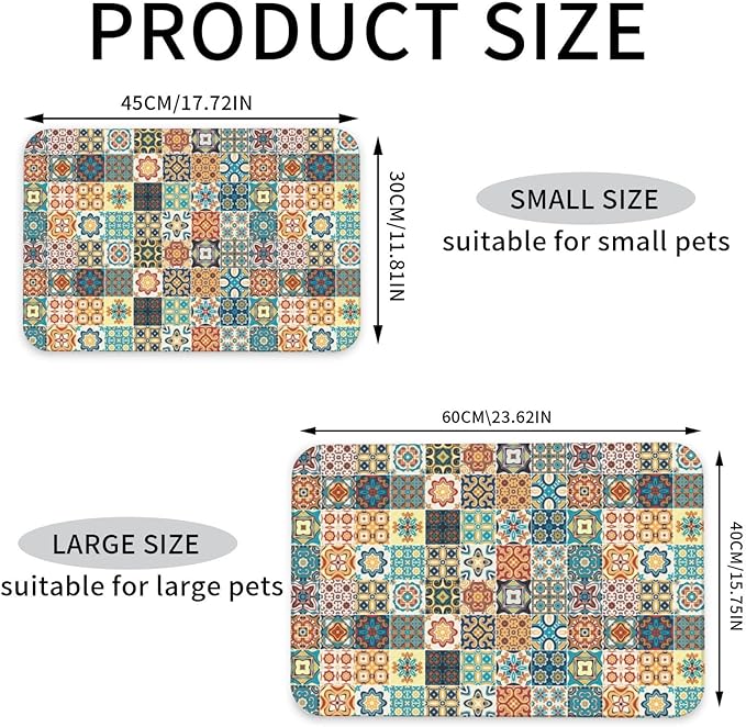 Traditional Multicolor Ornate Dog Food Mat Absorbent Bowl Mats No Stains Quick Dry Waterproof Pet Cat Placemats for Food and Water, 30x45cm