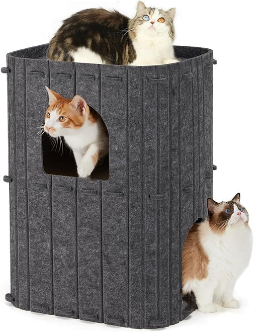FUKUMARU Cat House for Indoor Cats, 2-Storey Large Cat Bed Cave, Cozy Felt Covered Cats Tunnel Condo Hideaway for Multicats, 17.72x14.37x23.62 inches, Dark Grey