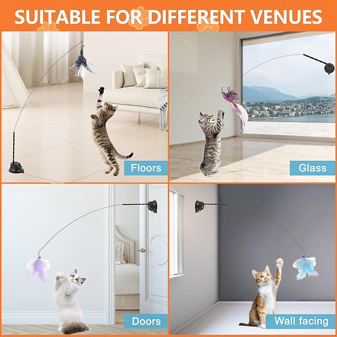 4-in-1 Interactive Cat Wand Feather Toys,Wand Self-Holding Suction Cups Base,Include Detachable 2 Simulation Bird Toy and 3 Feathers Toys,2 Types Hanging Door Kitten Toy