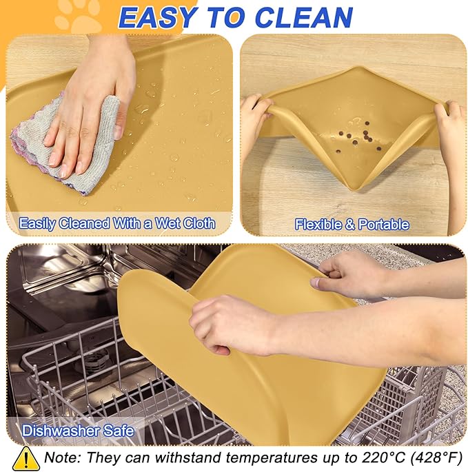 Silicone Pet Feeding Mat with Raised Edge for Food and Water, Dog Bowl Mats, Cat Bowls Placemat with High Lip for Floor Waterproof, Rubber Tray for Cats and Dogs 24 x 16 x0.8 Beige