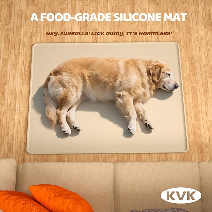 KVK Extra Extra Large Silicone Dog Food Mat 39.4×43.3in and 128oz Silicone Bag Set, Super Size Waterproof Pet Feeding Mat & Container, Non-Slip, Chew-Resistant Floor Protection (Beige&Yellow)