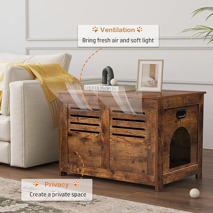DINZI LVJ Litter Box Enclosure, Flip Top Litter Box Furniture, Hidden Cat Washroom, Wooden Cat House, End Table, 31.5" L x 19.7" W x 19.7" H, Good Ventilation, Easy to Assemble, Rustic Brown
