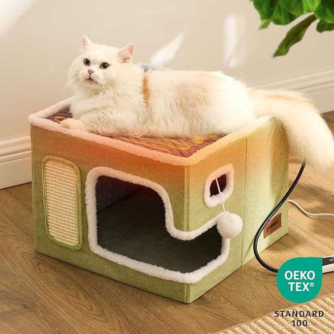 Heated Cat House for Indoor Cats - Cat Warming Bed for Winter with Fluffy Ball Hanging and Adjustable Heating Pad, Foldable Cat Hideaway,16.5x16.5x13 inches, Green