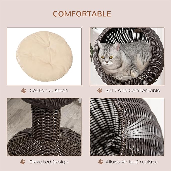 PawHut Elevated Cat Bed with Rotatable Egg Chair Pod, Cat Basket Bed with Thick Cushion, Natural Mat Grass Woven Kitty House, Coffee