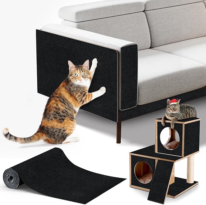 Cat Scratching mat Self-Adhesive, Trimmable Furniture Protector for Couch, Sofa, Wall & Cat Trees - Durable Scratch Pad with Nano Tape, DIY Climbing Carpet for Indoor Cats (Black, 78.7"x15.8")