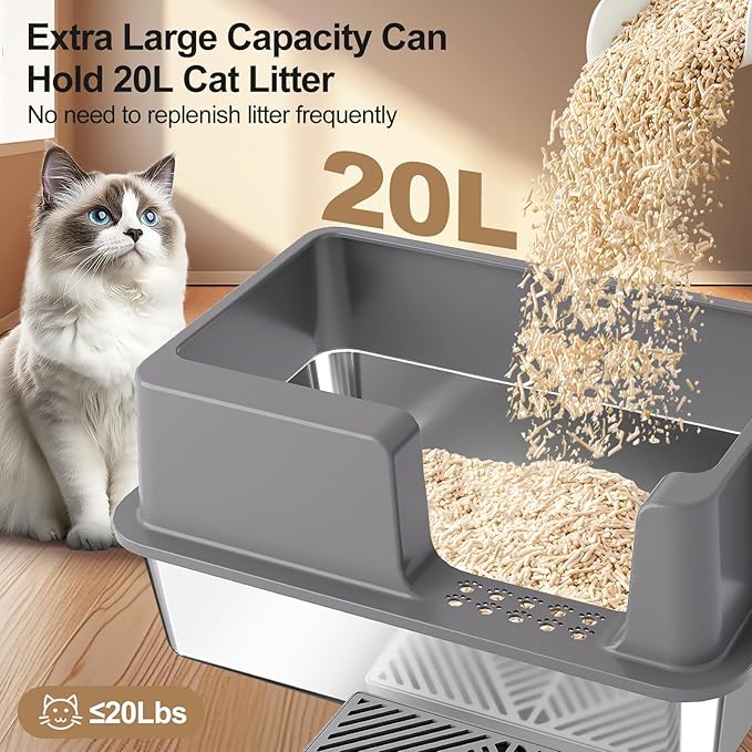 Sousia Stainless Steel Litter Box - Cat Litter Box Enclosure with Lid, High Side Large Cat Litter Tray Easy Cleaning Anti-Leakage with Litter Scoop and High Wall Sides Enclosure for Big Cats
