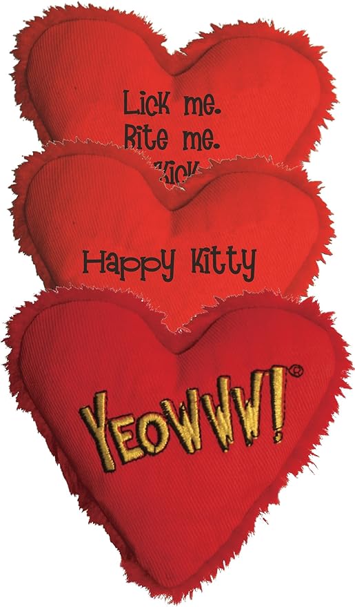Yeowww! Heart Attack Pack: 3X 100% Organic Catnip Heart Cat Toys, Each with a Different Phrase