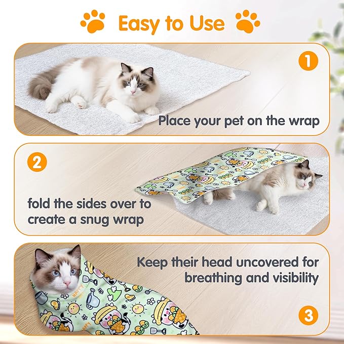 27.6" Large Cat Grooming Wrap, Cat Grooming Supplies, Cat Wrap for Cutting Nails, Self-Adhesive Cat Grooming Bag for Cats Within 15lbs Cat Restraint for Nail Clipping, Medicine Taking(Green)