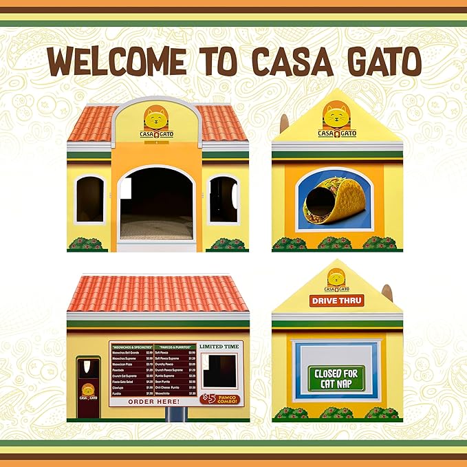 Capnip Cardboard Cat House with Scratcher for Indoor Cats – Mexican Fast Food Theme with Peek Holes, Casa Gato Design