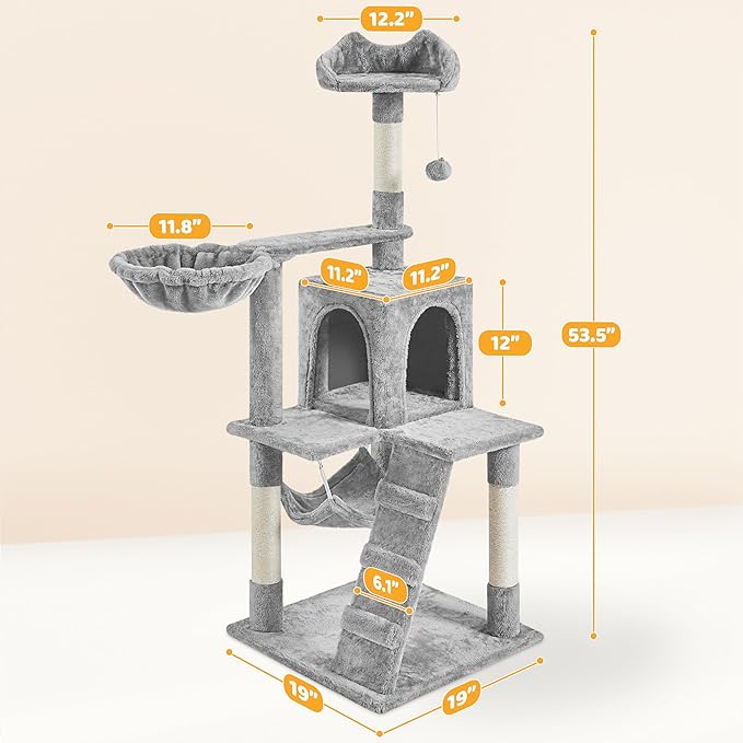 Yaheetech Cat Tree Tower Kitten Condo Scratching Post with Hammock Basket 54in