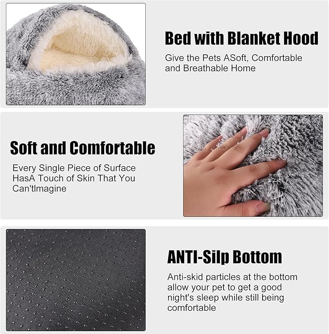 HYQ Small Dog Bed with Cover Cave, Cat Beds for Indoor Cats Washable, Cozy Cat Cave Bed, Round Puppy Bed with Hooded Cover, Dog Beds for Small Dogs with Anti-Slip Bottom (Grey, 20×20 Inch)