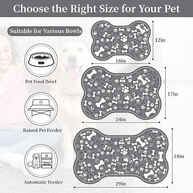 Dog & Cat Food Mat Bone Shaped Pet Feeding Mat Quick Absorb Water Bowl Placemat with Rubber Backing Indoor Floor Stain Resistant Pet Accessory Supplies (Dark Gray, 16x24 Inches)