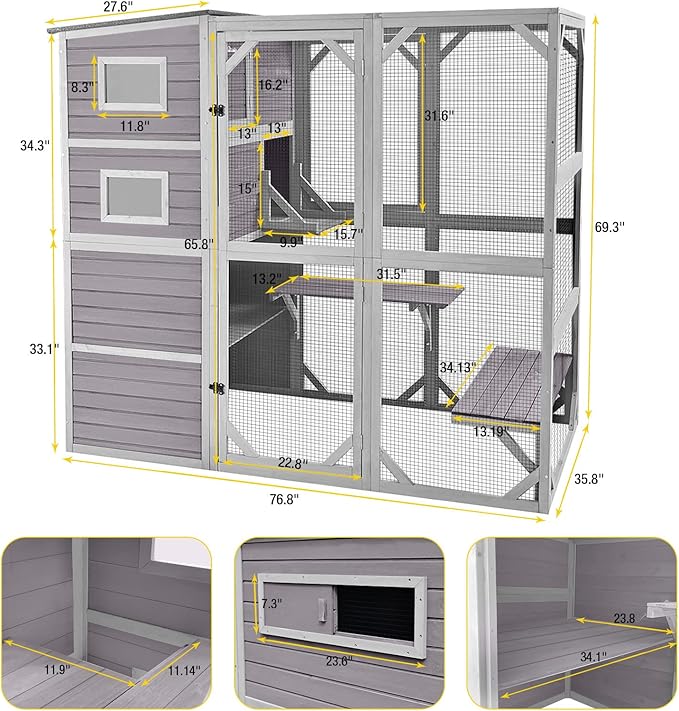 Aivituvin Large Cat Catio 4 Tiers Cat Enclosures House for Outdoor Indoor Cats with Weatherproof Roof, 3 Resting Rooms, 3 Platforms, 5 Windows 70" H 77" L