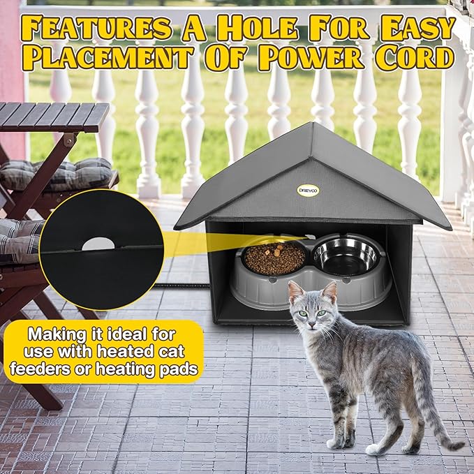 Dreyoo Cat Houses & Condos Outdoor Cat Feeding Station for Food & Water, Weatherproof Outdoor Kitty Dining Room Cats Shelter for Stray, Feral and Community Cats, 13”d x 17”w x 15.5'h(Dark Grey)