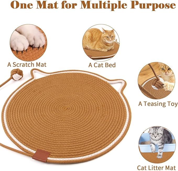 2-Pack Cat Scratching Mats, Natural Cotton Rope Scratch Pad with Ear Shape Hanging Hook and Play Ball, Furniture Protector for Wall, Floor, Sofa, Couch, Carpet, Brown