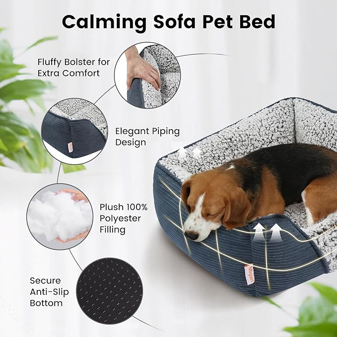 Miguel Washable Dog Bed for Medium Small Dogs, Calming Cuddle Cat Sofa Bed with High Sides, Rectangle Cat Beds for Indoor Cats Dog Bed with Anti-Slip Bottom, Blue 25 Inch