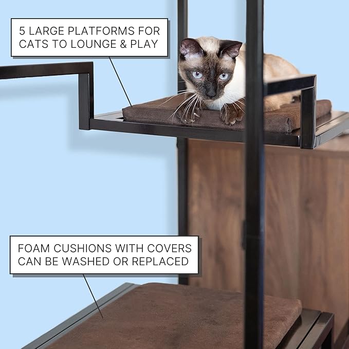 THE REFINED FELINE 62 Inch Tall Metropolitan Cat Condo, Black Metal Frame Cat Tower, Multi-Level Modern Cat Tree for Indoor Cats, Black Platforms with Brown Replaceable Cushions & Scratching Post