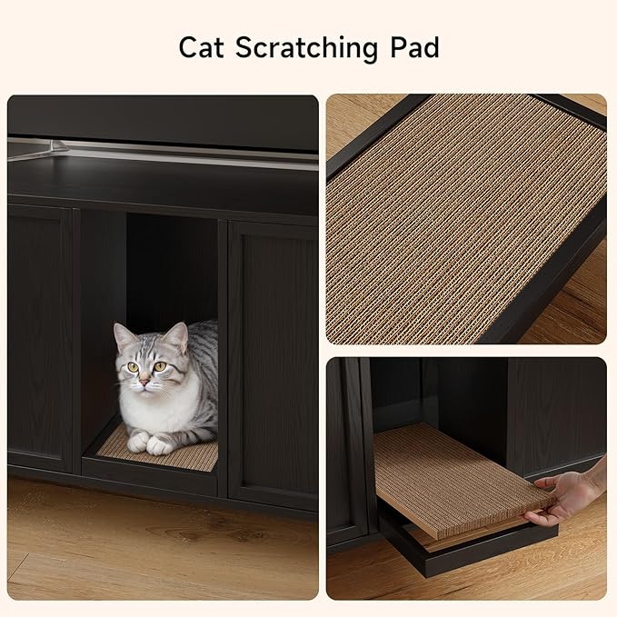 59 Inches Cat Litter Box Enclosure for 2 Cats, Hidden Litter Boxes Furniture with Cat Scratch Pad, Large Indoor Pet House with Double Room, Wooden TV Stand Side Table, Black