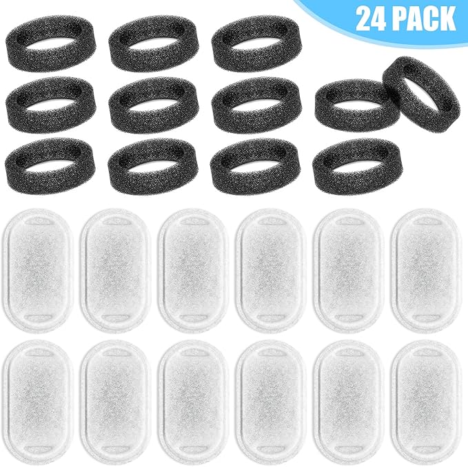 Cat Water Fountain Filter Replacement, 12 Pcs Cat Filters Pet Water Fountain Filter with 12 Pcs Sponges Foam for 67oz/2L & 108oz/3.2L Stainless Steel Automatic Cats Water Fountain Dispenser Filters