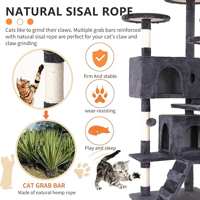 BestPet | 54" Cat Tree Tower | Ashy | Sturdy, Easy to Assemble, Multi-Level Activity Center with Sisal Scratching Posts, Condos, Perches, Hanging Cat Toys, Observation Decks & Ladder