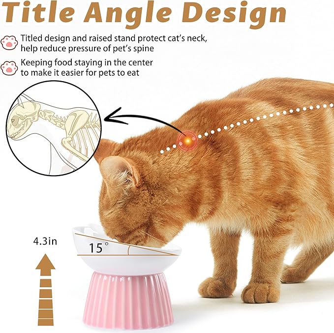Ceramic Raised Cat Bowl,Tilted Raised Bowl Anti Vomit for Indoor Cats Whisker Friendly Pet Feeder for Cats Puppies, Microwave and Dishwasher Safe (Blue)
