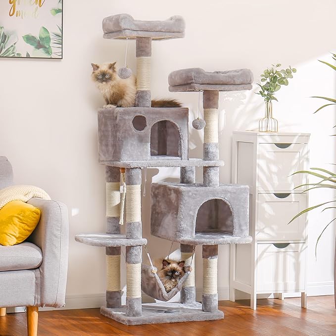 Hey-brother Multi-Level Cat Tree Condo Furniture with Sisal-Covered Scratching Posts, 2 Plush Condos, Perch Hammock for Kittens, Cats and Pets, Light Gray MPJ020-SW