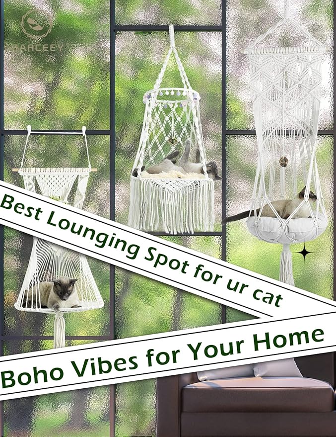 KARCEEY Hanging Cat Bed Macrame Cat Hammock Window Perch with Catnip Mat for Wall Window Indoor/Outdoor