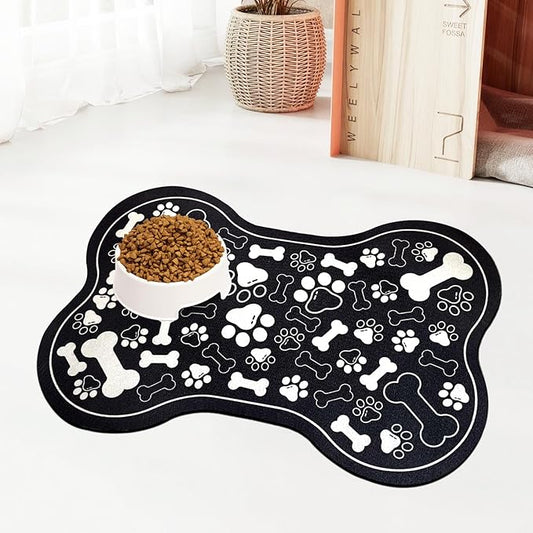 Dog & Cat Food Mat Bone Shaped Pet Feeding Mat Quick Absorb Water Bowl Placemat with Rubber Backing Indoor Floor Stain Resistant Pet Accessory Supplies (Black Small, 12x18 Inches)