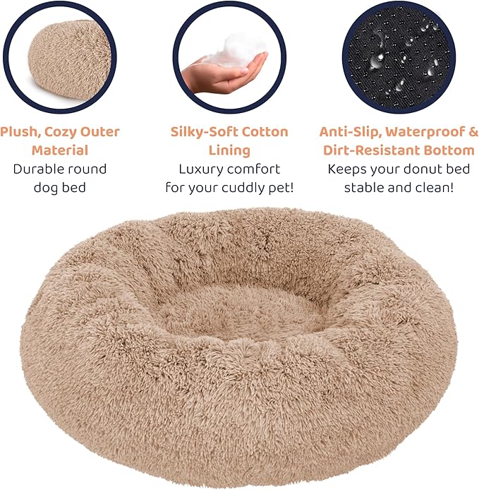 Donut Dog Bed - Premium Comfort for Anxiety Relief - Fluffy & Calming Design with Ultra-Plush Support | Cozy Round Dog Bed with Super Soft Circle Style (Size M Camel)