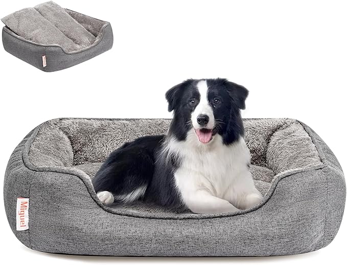 Miguel Faux Linen Dog Bed with Removable Cushion Pillow for Medium Small Dogs, Washable Pet Bed with Side Easy to Wash Puppy Bed, Rectangle Cat Bed for Indoor Cat with Anti-Slip Bottom, Gray 35 Inch