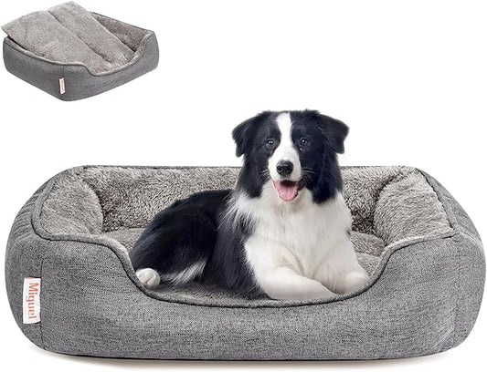Miguel Faux Linen Dog Bed with Removable Cushion Pillow for Medium Small Dogs, Washable Pet Bed with Side Easy to Wash Puppy Bed, Rectangle Cat Bed for Indoor Cat with Anti-Slip Bottom, Gray 35 Inch