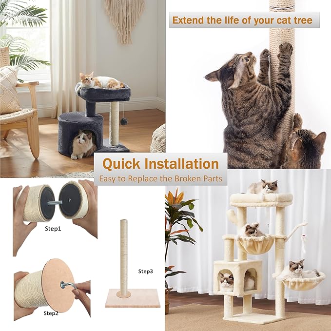 Cat Scratch Post to The Wall, 31.5inch (7.87in*2+15.7in) sisal Pole Cat Tree Replacement Post with M8 Screws, Indoor cat Tower Spare Furniture Protector with Scratch Post Filling (31.5inch-1Pcs)