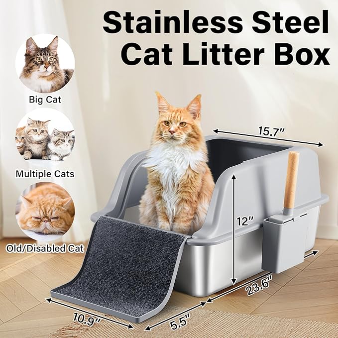 XL Stainless Steel Litter Box with Lid, 24"x16"x12" Extra Large Cat Litter Box High Sides with Ladder, Anti-Urine Leakage Metal Litterbox for Senior Elderly Cats, Never Absorbs Odors, Non-Stick