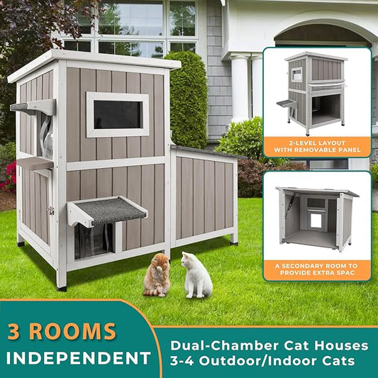 Cat Houses for Outdoor Cats Outside Feral Cat Shelter Weatherproof Wooden Cat Houses for 2-3 Cats with 3 Rooms 3 Escape Doors 2 Openable Asphalt Roofs