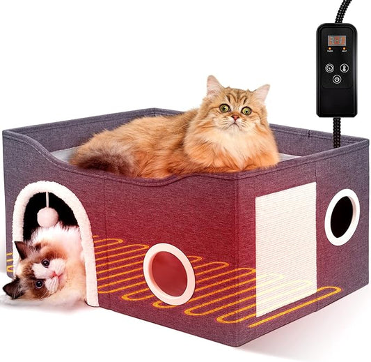 Indoor Heated Cat House, Adjustable Temperature Cat Heating Bed with Timer and Chew Resistant Cord, Large Cat House with Heating Pad for Small Medium and Large Cats