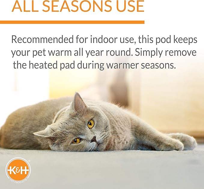 K&H Pet Products Heated Cat Bed for Large Cats, Thermo-Kitty Mod Dream Pod Heated Cat Cave Tent House Bed for Indoor, Warming, Washable Cushion, Waterproof Heater, Safety Listed - 22in Round Tan